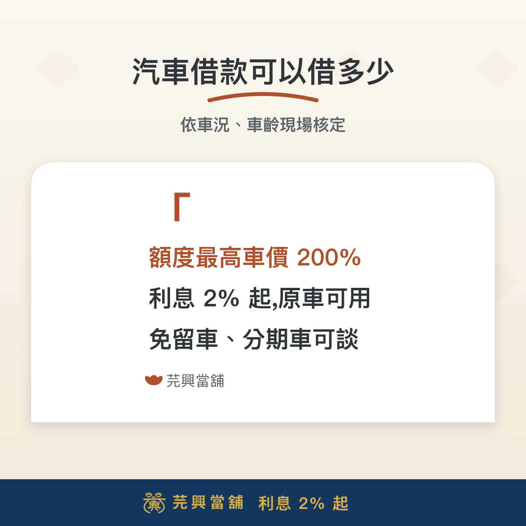 汽車借款可以借多少？額度最高車價200%利息2%起